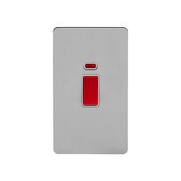 Soho Lighting Brushed Chrome Flat Plate 45A 1 Gang Double Pole Switch With Neon Large Plate Wht Ins Screwless