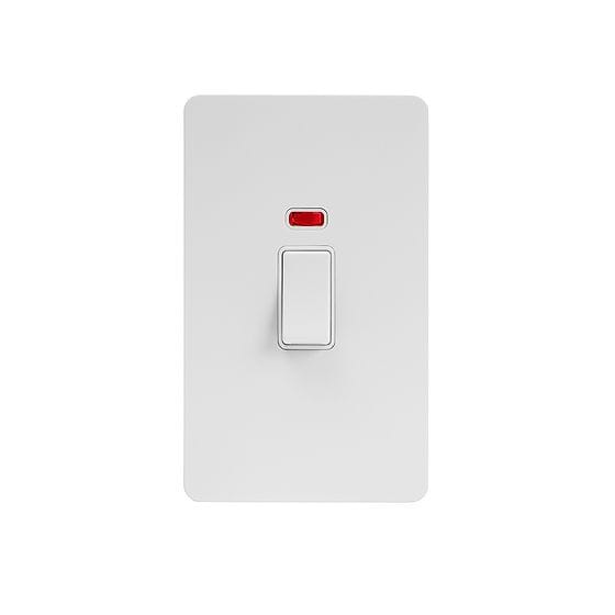Soho Lighting White Metal Flat Plate 45A 1 Gang Double Pole Switch With Neon, Large Plate Wht Ins Screwless