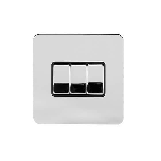 Soho Lighting Polished Chrome Flat Plate 10A 3 Gang 2 Way Switch Blk Ins Screwless