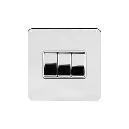 Soho Lighting Polished Chrome Flat Plate 10A 3 Gang 2 Way Switch Wht Ins Screwless