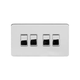 Soho Lighting Polished Chrome Flat Plate 10A 4 Gang 2 Way Switch Wht Ins Screwless