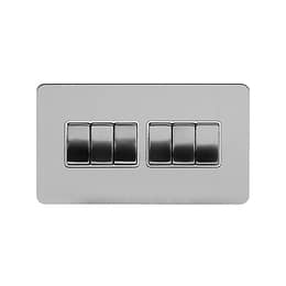 Soho Lighting Brushed Chrome Flat Plate 10A 6 Gang 2 Way Switch Wht Ins Screwless