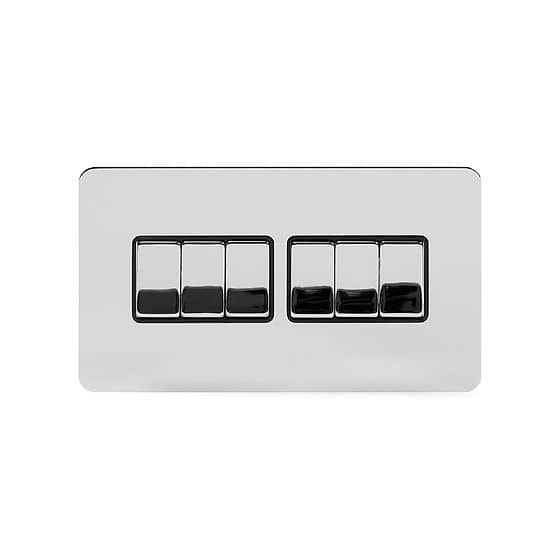 Soho Lighting Polished Chrome Flat Plate 10A 6 Gang 2 Way Switch Blk Ins Screwless