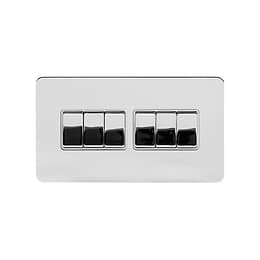 Soho Lighting Polished Chrome Flat Plate 10A 6 Gang 2 Way Switch Wht Ins Screwless