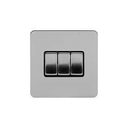 Soho Lighting Brushed Chrome Flat Plate 3 Gang Intermediate Switch Blk Ins Screwless