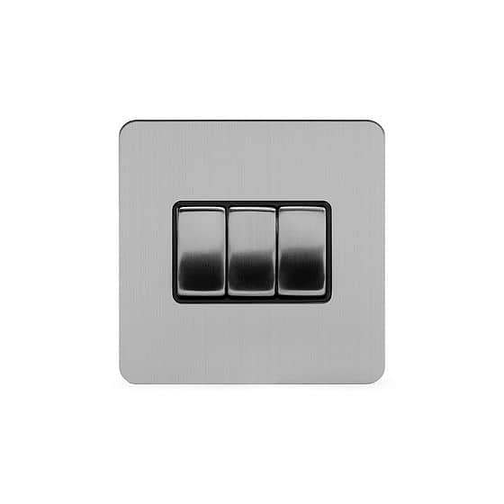 Soho Lighting Brushed Chrome Flat Plate 3 Gang Intermediate Switch Blk Ins Screwless