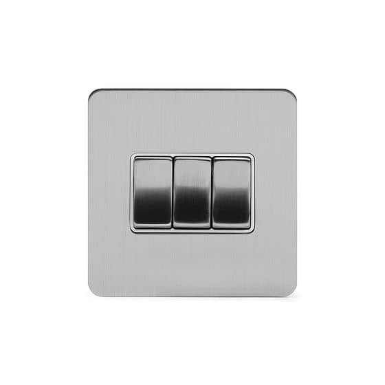 Soho Lighting Brushed Chrome Flat Plate 3 Gang Intermediate Switch Wht Ins Screwless