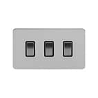 Soho Lighting Brushed Chrome Flat Plate 10A 3 Gang Switch on Double Plate 2 Way Blk Ins Screwless