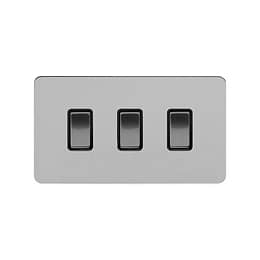 Soho Lighting Brushed Chrome Flat Plate 10A 3 Gang Switch on Double Plate 2 Way Blk Ins Screwless