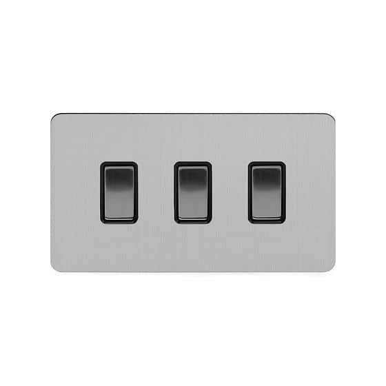 Soho Lighting Brushed Chrome Flat Plate 10A 3 Gang Switch on Double Plate 2 Way Blk Ins Screwless