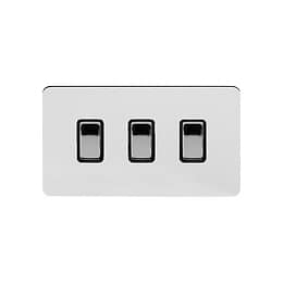 Soho Lighting Polished Chrome Flat Plate 10A 3 Gang Switch on Double Plate 2 Way Blk Ins Screwless