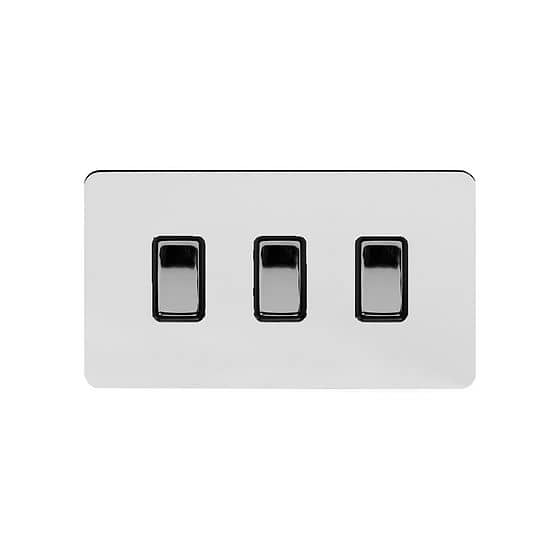 Soho Lighting Polished Chrome Flat Plate 10A 3 Gang Switch on Double Plate 2 Way Blk Ins Screwless