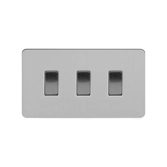 Soho Lighting Brushed Chrome Flat Plate 10A 3 Gang Switch on Double Plate 2 Way Wht Ins 2 Way Screwless