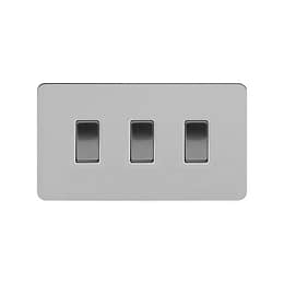 Soho Lighting Brushed Chrome Flat Plate 3 Gang Switch With 1 Intermediate (2 x 2 Way Swich with 1 Intermediate) Wht Ins Screwless