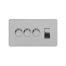 Soho Lighting Flat Plate Brushed Chrome 4 Gang Switch with 3 Dimmers (3x150W LED Dimmer 1x20A Switch) White Inserts