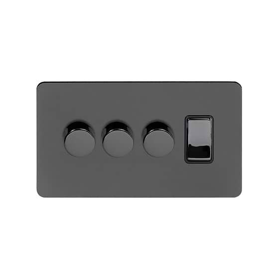 Soho Lighting Black Nickel Flat Plate 4 Gang Switch with 3 Dimmers (3x150W LED Dimmer 1x20A Switch)