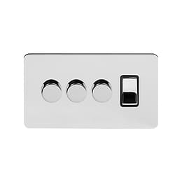 Soho Lighting Polished Chrome Flat Plate 4 Gang Switch with 3 Dimmers (3x150W LED Dimmer 1x20A Switch)