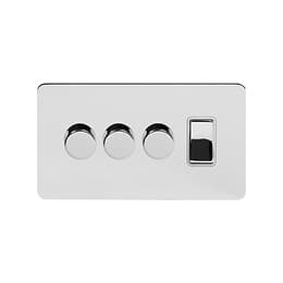 Soho Lighting Flat Plate Polished Chrome 4 Gang Switch with 3 Dimmers (3x150W LED Dimmer 1x20A Switch) White Inserts
