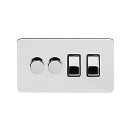 Soho Lighting Polished Chrome Flat Plate 4 Gang Switch with 2 Dimmers (2x150W LED Dimmer 2x20A Switch)