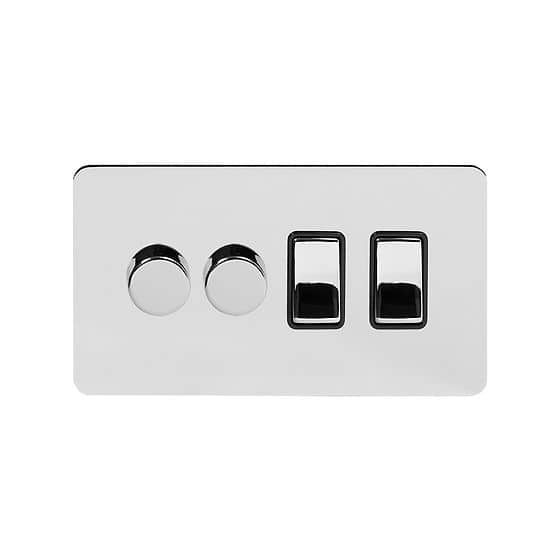 Soho Lighting Polished Chrome Flat Plate 4 Gang Switch with 2 Dimmers (2x150W LED Dimmer 2x20A Switch)