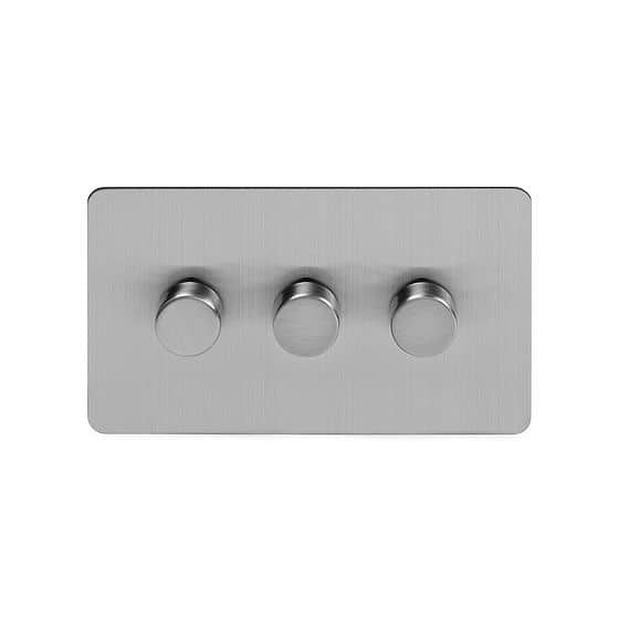 Soho Lighting Brushed Chrome Flat Plate 250W 3 Gang 2 Way Trailing Dimmer Screwless