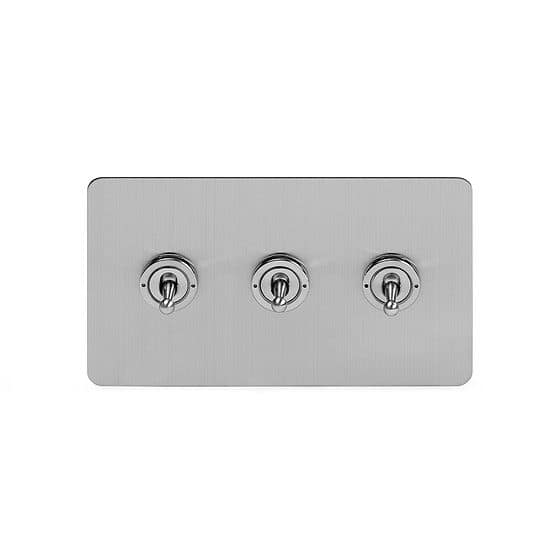 Soho Lighting Brushed Chrome Flat Plate 20A 3 Gang 2 Way Toggle Switch Screwless