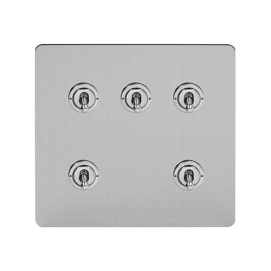 Soho Lighting Brushed Chrome Flat Plate 5 Gang Toggle Light Switch 20A 2 Way Screwless