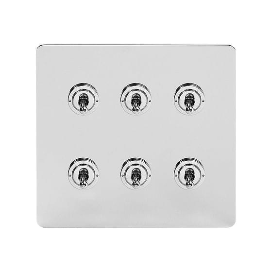 Soho Lighting Polished Chrome Flat Plate 6 Gang Toggle Light Switch 20A 2 Way Screwless