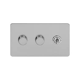 Soho Lighting Brushed Chrome Flat Plate 3 Gang Switch with 2 Dimmers (2x150W LED Dimmer 1x20A 2 Way Toggle)