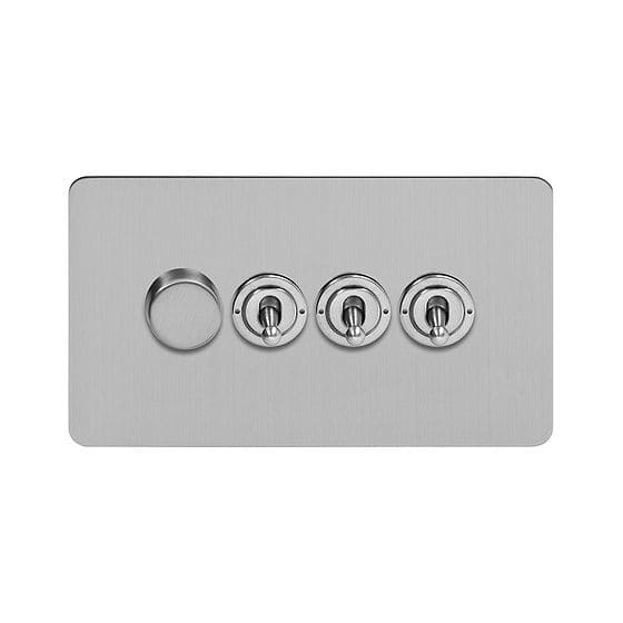 Soho Lighting Brushed Chrome Flat Plate 4 Gang Switch with 1 Dimmer (1x150W LED Dimmer 3x20A 2 Way Toggle)