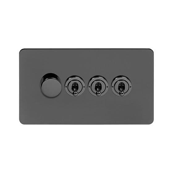 Soho Lighting Black Nickel Flat Plate 4 Gang Switch with 1 Dimmer (1x150W LED Dimmer 3x20A 2 Way Toggle)