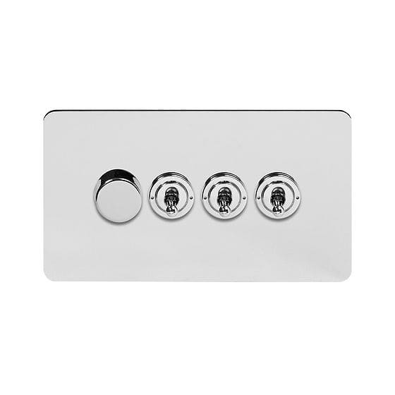 Soho Lighting Polished Chrome Flat Plate 4 Gang Switch with 1 Dimmer (1x150W LED Dimmer 3x20A 2 Way Toggle)