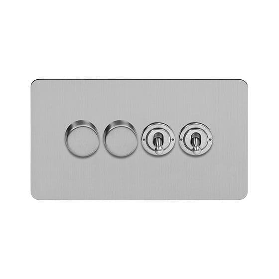 Soho Lighting Brushed Chrome Flat Plate 4 Gang Switch with 2 Dimmers (2x150W LED Dimmer 2x20A 2 Way Toggle)