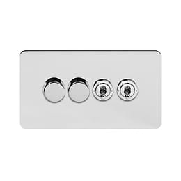 Soho Lighting Polished Chrome Flat Plate 4 Gang Switch with 2 Dimmers (2x150W LED Dimmer 2x20A 2 Way Toggle)