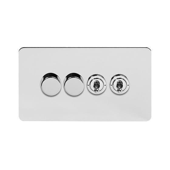 Soho Lighting Polished Chrome Flat Plate 4 Gang Switch with 2 Dimmers (2x150W LED Dimmer 2x20A 2 Way Toggle)