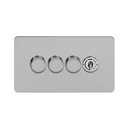 Soho Lighting Brushed Chrome Flat Plate 4 Gang Switch with 3 Dimmers (3x150W LED Dimmer 1x20A 2 Way Toggle)