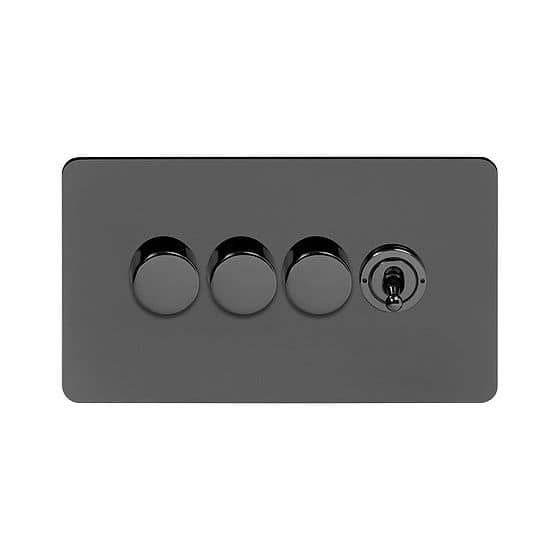 Soho Lighting Black Nickel Flat Plate 4 Gang Switch with 3 Dimmers (3x150W LED Dimmer 1x20A 2 Way Toggle)