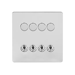 Soho Lighting Flat Plate Polished Chrome 8 Gang Dimmer & Toggle Combo 4x150W LED Dimmer 4x20A Toggle 