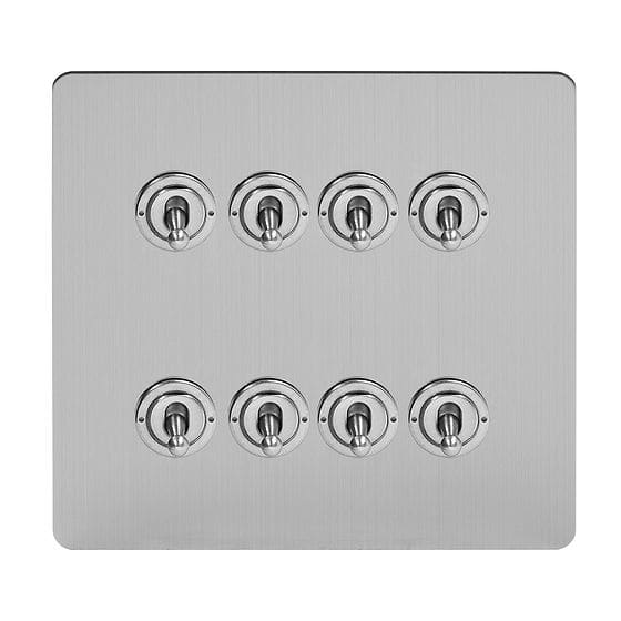 Soho Lighting Brushed Chrome Flat Plate 8 Gang Toggle Light Switch 20A 2 Way Screwless