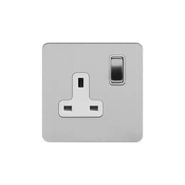 Soho Lighting Brushed Chrome Flat Plate 13A 1 Gang Switched Socket Double Pole Wht Ins Screwless
