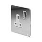 Soho Lighting Polished Chrome Flat Plate 13A 1 Gang Switched Socket, Double Pole Wht Ins Screwless