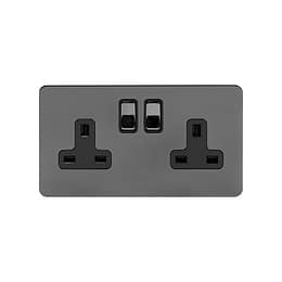 Soho Lighting Black Nickel Flat Plate 13A 2 Gang Switched Socket