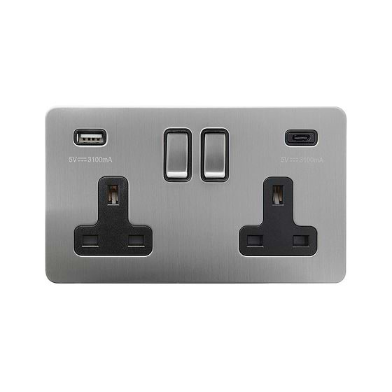 Soho Lighting Brushed Chrome Flat Plate 2 Gang USB A+C Socket (13A Socket + 2 USB Ports A+C 3.1A)