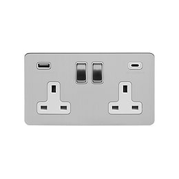 Soho Lighting Brushed Chrome Flat Plate 2 Gang USB A+C Socket (13A Socket + 2 USB Ports A+C 3.1A)