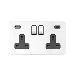 Soho Lighting Polished Chrome Flat Plate 2 Gang USB A+C Socket (13A Socket + 2 USB Ports A+C 3.1A)