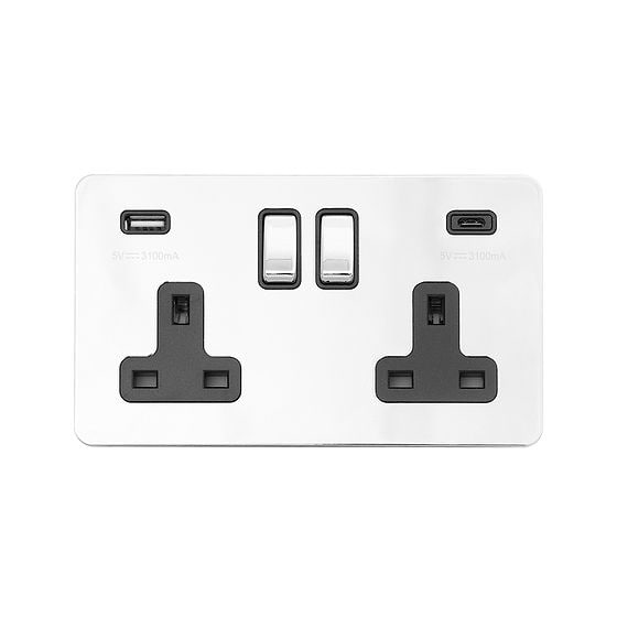 Soho Lighting Polished Chrome Flat Plate 2 Gang USB A+C Socket (13A Socket + 2 USB Ports A+C 3.1A)