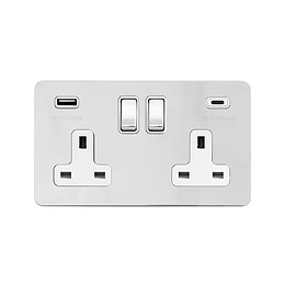 Soho Lighting Polished Chrome Flat Plate 2 Gang USB A+C Socket (13A Socket + 2 USB Ports A+C 3.1A)
