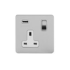 Soho Lighting Brushed Chrome Flat Plate 13A 1 Gang DP USB Switched Socket (USB Output 2.1amp) Wht Ins Screwless