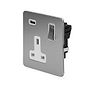 Soho Lighting Brushed Chrome Flat Plate 1 Gang 13A DP Socket with USB-A 2.1A