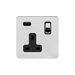 Soho Lighting Polished Chrome Flat Plate 13A 1 Gang DP USB Switched Socket (USB Output 2.1amp) Blk Ins Screwless